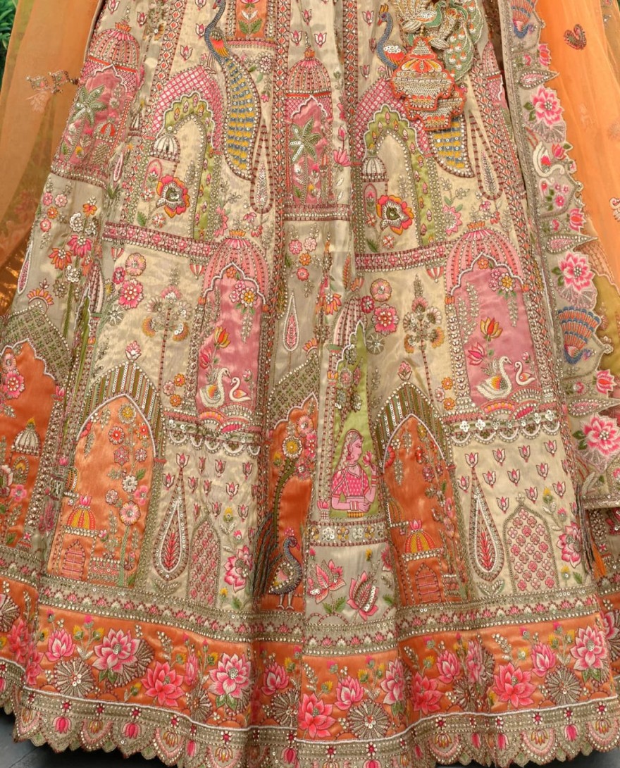 Beige - Beige & Orange Fancy Silk Lehenga Choli With Cut Work Embroidery Border & Stone Work